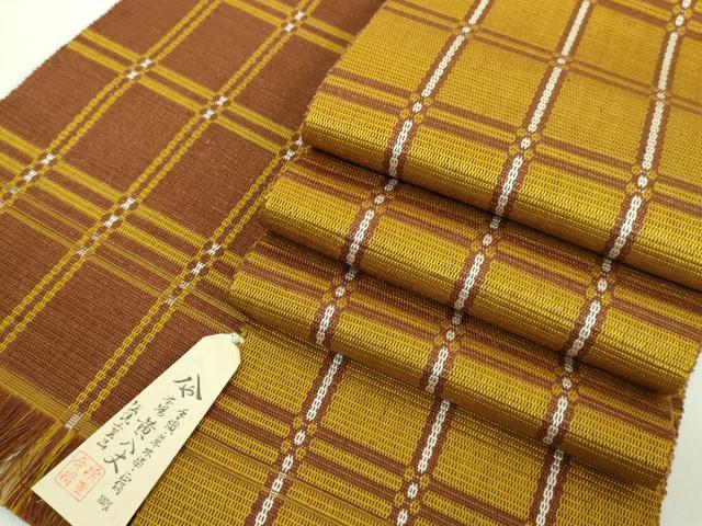 平和屋本店■極上 本場黄八丈 両面 半幅帯 格子 紙タグ・共箱付き 逸品 未使用 DZAA6134kh5