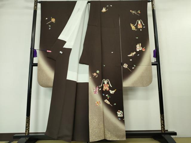 平和屋本店■極上 世界的人形師 辻村寿三郎 ジュサブロー 振袖 兎 玩具 黒紅色地 暈し染め 金彩 たとう紙付き 逸品 DZAA6166kh5