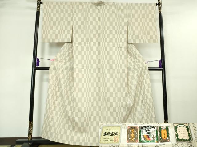 平和屋着物▽極上 本塩沢 単衣 市松文様 証紙付き 逸品 DZAA6174kh6