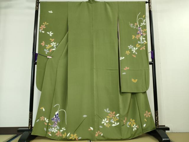 平和屋本店■極上 世界的人形師 辻村寿三郎 ジュサブロー 振袖・長襦袢(無双仕立て・半衿刺繍) 兎 舞花 草色地 逸品 DZAA6183kh5
