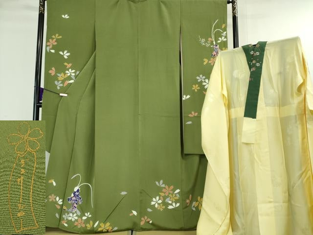平和屋本店■極上 世界的人形師 辻村寿三郎 ジュサブロー 振袖・長襦袢(無双仕立て・半衿刺繍) 兎 舞花 草色地 逸品 DZAA6183kh5
