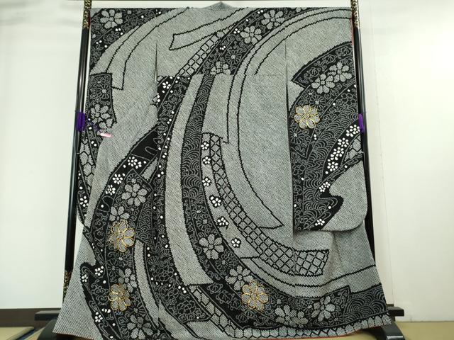 平和屋本店■極上 振袖・長襦袢・袋帯 3点セット 駒刺繍 鬘帯花文 黒地 三越扱い 逸品 DZAA6202kh5