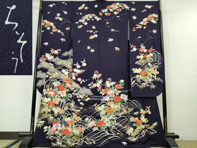平和屋本店■極上 創業460年・千總 振袖 駒刺繍 立波花松文 鉄紺色地 金彩 松坂屋扱い 逸品 DZAA6222kh5