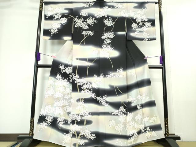 平和屋本店■極上 訪問着 枝桜 黒地 暈し染め 逸品 未使用 DZAA6235kh5