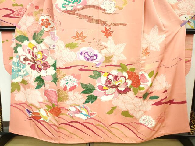 平和屋本店■極上 創業460年・千總 振袖・長襦袢(袷)セット 駒刺繍 絞り 鴛鴦花文 一斤染色地 金彩 逸品 DZAA6246kh5
