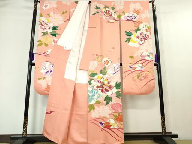 平和屋本店■極上 創業460年・千總 振袖・長襦袢(袷)セット 駒刺繍 絞り 鴛鴦花文 一斤染色地 金彩 逸品 DZAA6246kh5