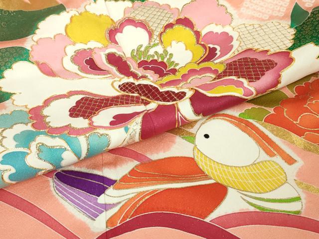 平和屋本店■極上 創業460年・千總 振袖・長襦袢(袷)セット 駒刺繍 絞り 鴛鴦花文 一斤染色地 金彩 逸品 DZAA6246kh5