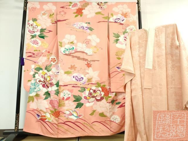平和屋本店■極上 創業460年・千總 振袖・長襦袢(袷)セット 駒刺繍 絞り 鴛鴦花文 一斤染色地 金彩 逸品 DZAA6246kh5