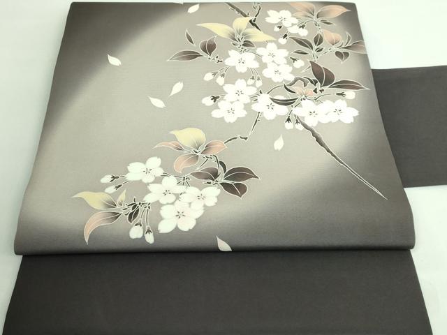 平和屋本店●極上 本加賀友禅作家 鬼島武司 塩瀬 九寸名古屋帯 濃い消炭色地 枝桜 逸品 DZAA6301kh5