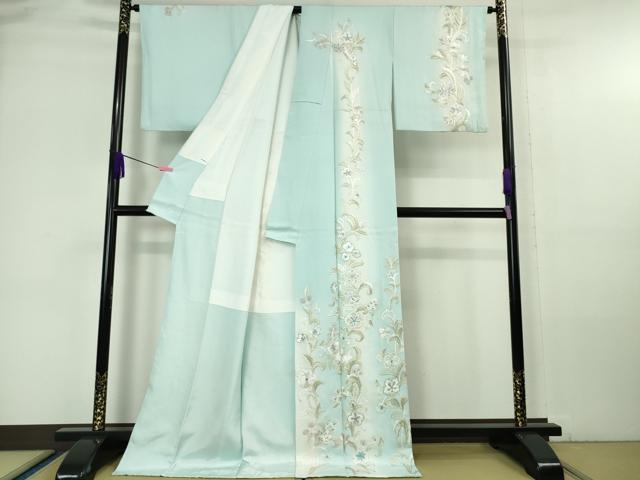 平和屋本店■極上 中国三大刺繍 相良刺繍 総手刺繍 訪問着 花唐草文 白藍色地 暈し染め 銀糸 ロング丈 逸品 DZAA6335kh5
