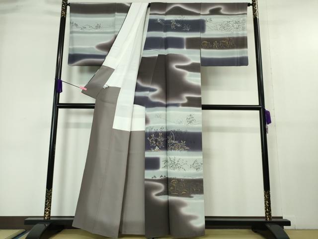 平和屋本店■極上 訪問着 紬地 手描き 鳥獣戯画 暈し染め 金彩 逸品 DZAA6340kh5