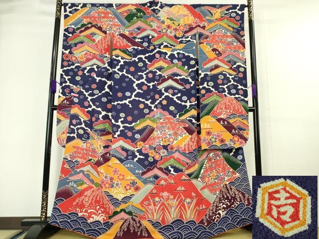 平和屋本店■極上 和染紅型 栗山紅型 栗山吉三郎 振袖 飛鶴吉祥花松文 鬼しぼ縮緬 逸品 DZAA6372kh5