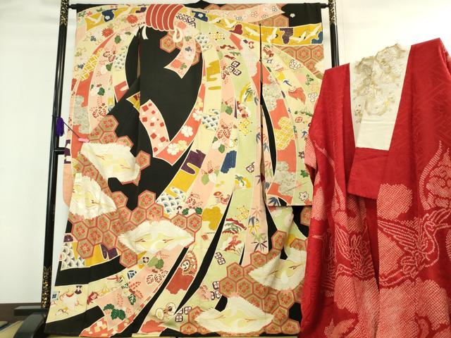 平和屋本店■極上 アンティーク 大正ロマン 振袖・長襦袢(袷・半衿刺繍)セット 駒刺繍 束ね熨斗飛鶴文 黒地 金彩 逸品 DZAA6427kh5