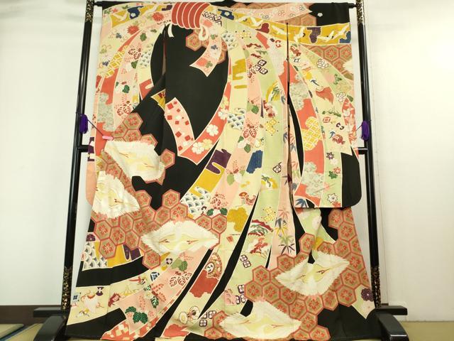 平和屋本店■極上 アンティーク 大正ロマン 振袖・長襦袢(袷・半衿刺繍)セット 駒刺繍 束ね熨斗飛鶴文 黒地 金彩 逸品 DZAA6427kh5