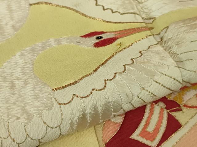 平和屋本店■極上 アンティーク 大正ロマン 振袖・長襦袢(袷・半衿刺繍)セット 駒刺繍 束ね熨斗飛鶴文 黒地 金彩 逸品 DZAA6427kh5