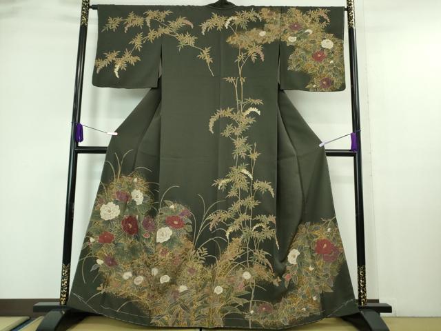 平和屋本店●極上 中国三大刺繍 スワトウ刺繍 汕頭刺繍 相良刺繍 訪問着 草花文 千歳茶色地 金彩 逸品 未使用 DZAA6598kh5
