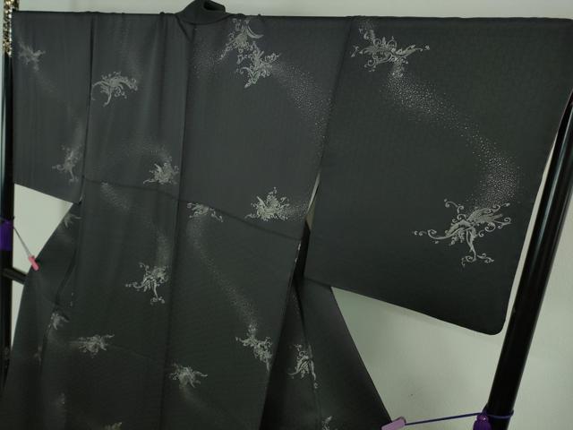 平和屋本店●極上 小紋 鳳凰 銀彩 青褐色地 逸品 DZAA6599kh5