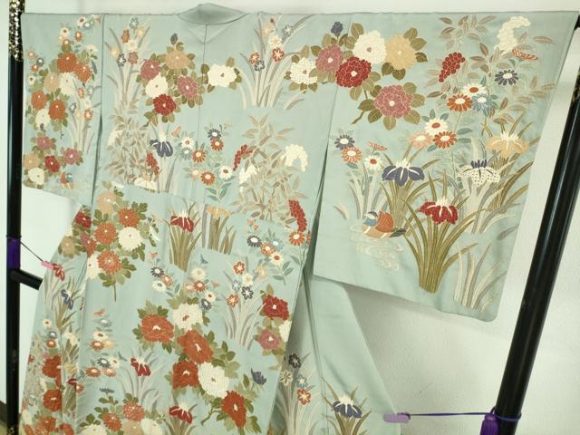 平和屋本店■極上 中国三大刺繍 スワトウ刺繍 汕頭刺繍 総刺繍 訪問着 鴛鴦草花文 秘色色地 金糸 逸品 DZAA6633kh5