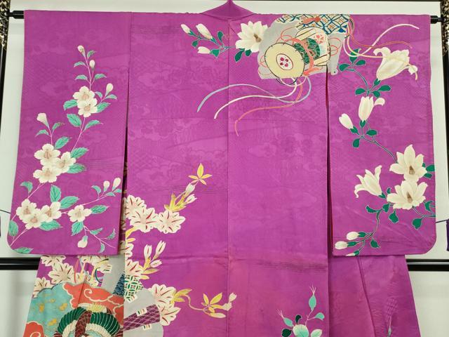 平和屋本店■極上 アンティーク 大正ロマン 振袖 駒刺繍 扇面花鳥文 金彩 逸品 DZAA6649kh5