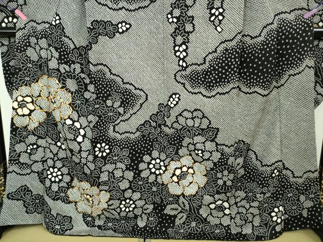 平和屋本店■極上 振袖 駒刺繍 絞り 吉祥花文 黒地 逸品 DZAA6661kh5