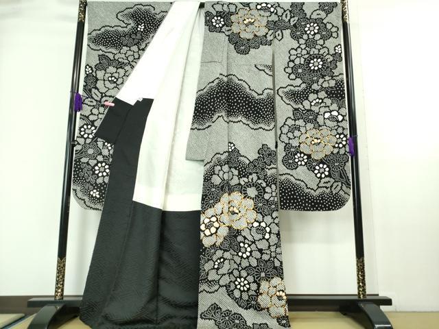 平和屋本店■極上 振袖 駒刺繍 絞り 吉祥花文 黒地 逸品 DZAA6661kh5