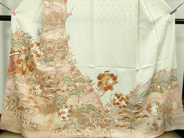 平和屋本店■極上 訪問着 単衣 駒刺繍 風景吉祥花文 象牙色地 金彩 ますいわ屋扱い 逸品 DZAA6676kh5
