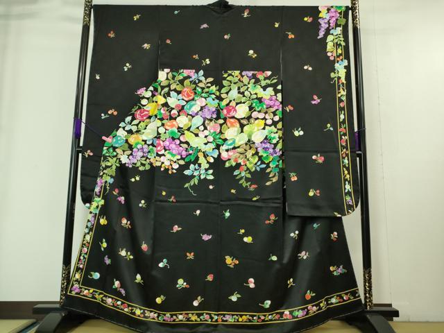 平和屋本店■極上 振袖 希少柄 果物 フルーツ 葡萄 リンゴ 苺 さくらんぼ 黒地 金彩 逸品 未使用 DZAA6685kh5