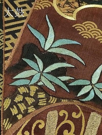 平和屋着物●極上 児島廣和 アトリエ 聖jin苑 太鼓柄袋帯 駒刺繍 紬地 花鳥文 金彩 黒茶色地 逸品 DZAA6703kh5