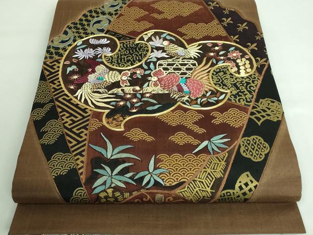 平和屋着物●極上 児島廣和 アトリエ 聖jin苑 太鼓柄袋帯 駒刺繍 紬地 花鳥文 金彩 黒茶色地 逸品 DZAA6703kh5