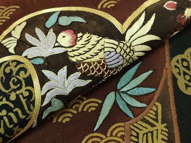 平和屋着物●極上 児島廣和 アトリエ 聖jin苑 太鼓柄袋帯 駒刺繍 紬地 花鳥文 金彩 黒茶色地 逸品 DZAA6703kh5
