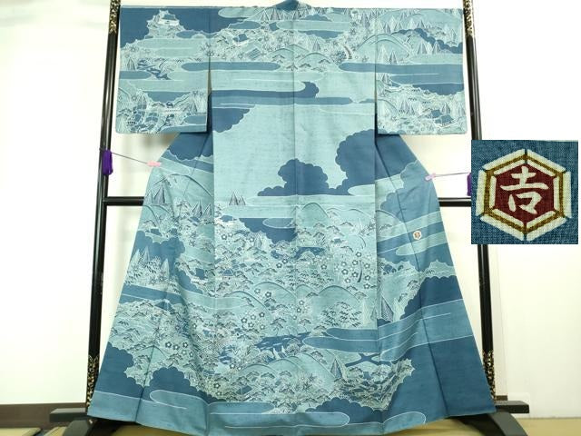 平和屋本店■極上 和染紅型 栗山紅型 栗山吉三郎 石川県指定無形文化財 牛首紬 白山工房 手織り 訪問着 風景花文 逸品 DZAA6810kh5