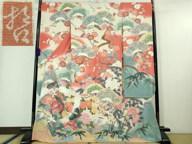 平和屋本店■極上 十日町 加賀草木友禅の第一人者 田村哲彦 振袖 飛鶴松竹梅 暈し染め 阪急百貨店扱い 逸品 未使用 DZAA6826kh5
