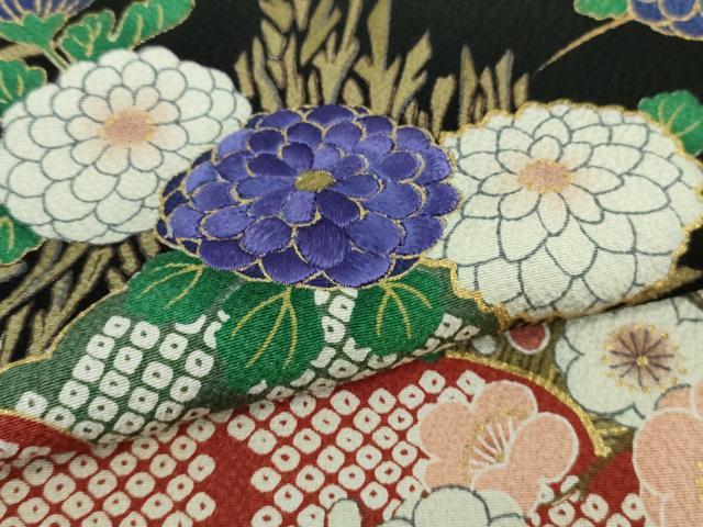 平和屋着物■極上 ファッションデザイナー 花井幸子 訪問着 刺繍 梅菊楓 黒地 金彩 三越扱い 逸品 DZAA6842kh5