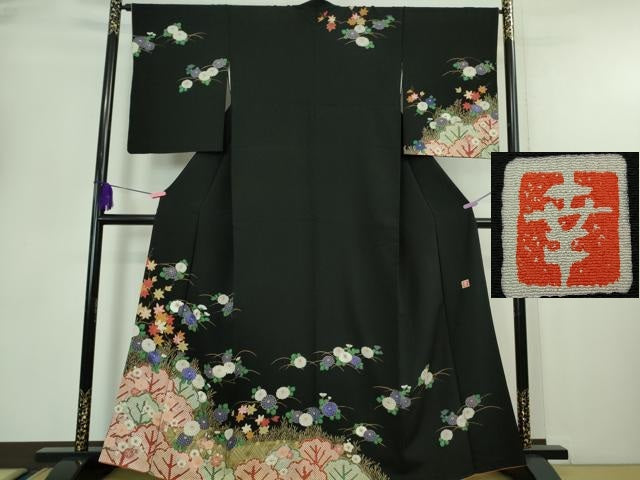平和屋着物■極上 ファッションデザイナー 花井幸子 訪問着 刺繍 梅菊楓 黒地 金彩 三越扱い 逸品 DZAA6842kh5