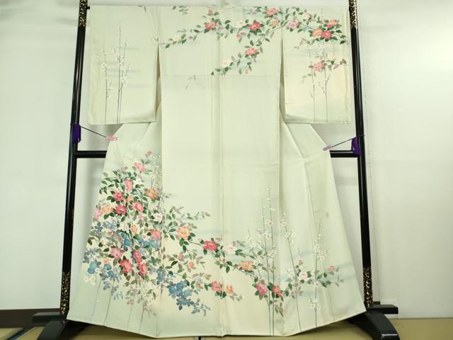 平和屋着物●極上 十日町友禅作家 岡村蒼風 訪問着 枝花文 白緑色地 暈し染め 逸品 DZAA6846kh5