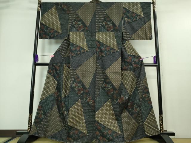 平和屋本店■極上　本場大島紬　刺し子　総刺繍　切嵌　名物裂花文　褐返色地　やまと誂製　逸品　未使用　DZAA6866kh5 平和屋本店□極上 本場大島紬 刺し子 総刺繍 切嵌 名物裂花文