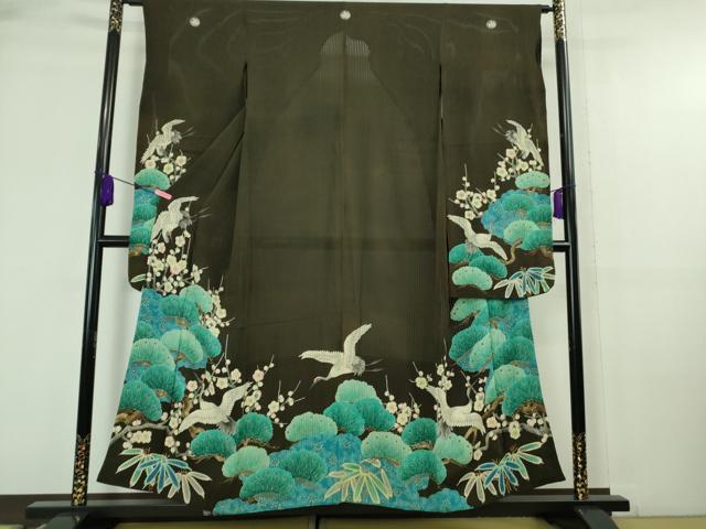平和屋本店■希少 夏物 アンティーク 大正ロマン 振袖 縦絽 相良刺繍 飛鶴松竹梅 黒地 逸品 DZAA7073kh5