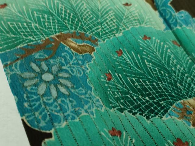 平和屋本店■希少 夏物 アンティーク 大正ロマン 振袖 縦絽 相良刺繍 飛鶴松竹梅 黒地 逸品 DZAA7073kh5