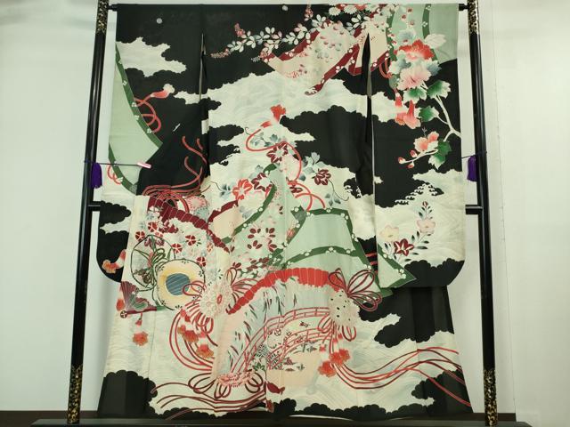 平和屋本店*希少 夏物 アンティーク 大正ロマン 振袖 絽縮緬 檜扇立波花文 黒地 銀彩 逸品 DZAA7074kh5