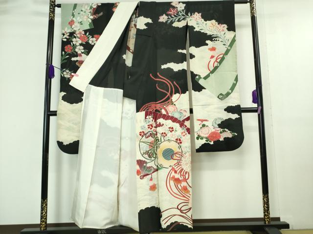 平和屋本店*希少 夏物 アンティーク 大正ロマン 振袖 絽縮緬 檜扇立波花文 黒地 銀彩 逸品 DZAA7074kh5
