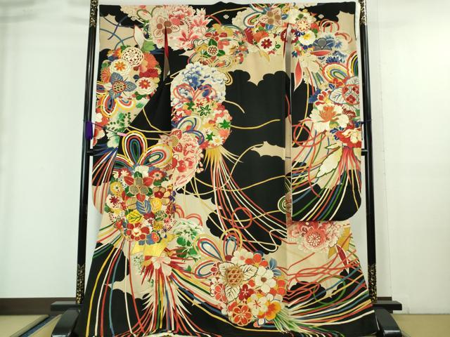 平和屋本店■極上 アンティーク 大正ロマン 振袖 駒刺繍 花薬玉 黒地 金糸 逸品 DZAA7076kh5
