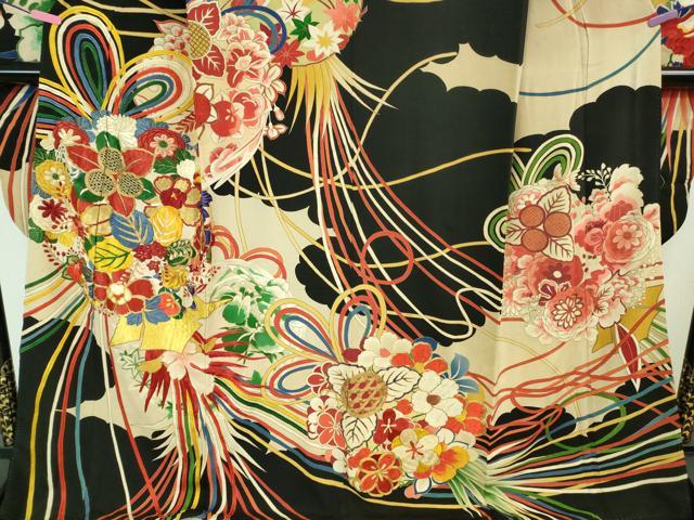 平和屋本店■極上 アンティーク 大正ロマン 振袖 駒刺繍 花薬玉 黒地 金糸 逸品 DZAA7076kh5