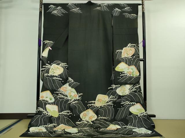 平和屋本店■希少 アンティーク 大正ロマン お引きずり・お引き摺り・引き振袖 絽袷 貝合わせ 黒地 銀彩 逸品 DZAA7090kh5