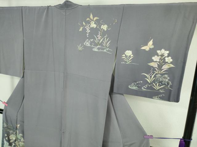 平和屋本店■極上 金彩友禅 卓越技能者・名工・和田光正 訪問着 白鳥 舞蝶花文 藤鼠色地 暈し染め 金銀彩 逸品 DZAA7096kh5