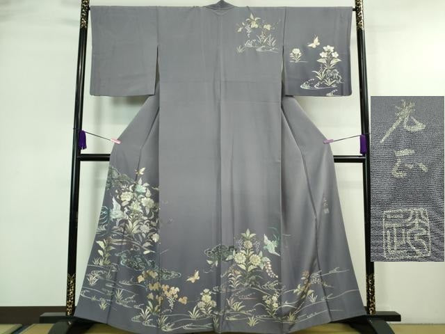 平和屋本店■極上 金彩友禅 卓越技能者・名工・和田光正 訪問着 白鳥 舞蝶花文 藤鼠色地 暈し染め 金銀彩 逸品 DZAA7096kh5