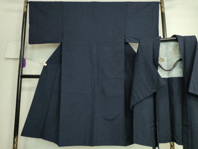平和屋着物●極上 男性 紬 アンサンブル 色無地 濃紺地 逸品 DZAA7105kh5
