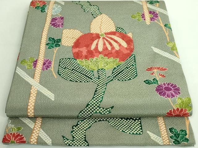 平和屋本店●極上 摺型友禅 京都 多ち花 九寸開き名古屋帯 橘 鬼しぼ縮緬 鶸茶色地 逸品 DZAA7150kh5
