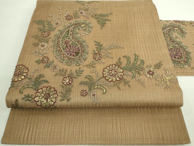 平和屋本店■極上 銀座もとじ 相良刺繍 総刺繍 九寸名古屋帯 スリーシーズン帯 ペイズリー花文 朽葉色地 たとう紙付き 逸品 DZAA7155kh5