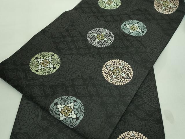 平和屋着物■極上 九寸名古屋帯 唐織 正倉院花丸文 黒地 金糸 逸品 DZAA7218kh5