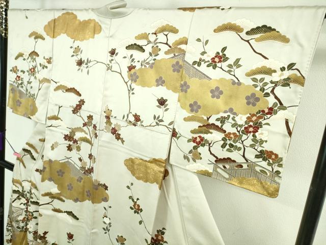 平和屋本店■極上 訪問着 駒刺繍 千八織 雲取り橘椿文 灰黄緑色地 本金箔 逸品 DZAA7264kh5